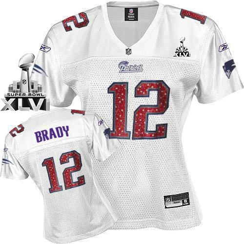 Patriots #12 Tom Brady White Women's Sweetheart Super Bowl XLVI Stitched NFL Jersey - Click Image to Close